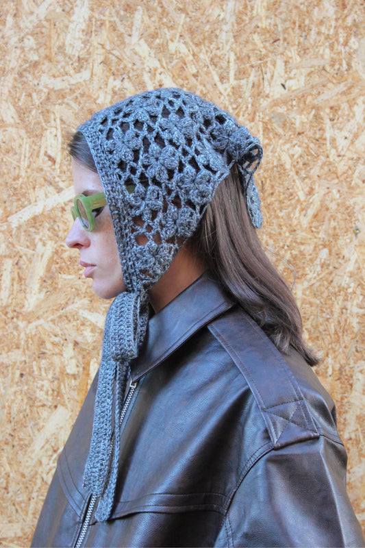 Hand - knitted Mesh Floral Mohair Melange Headscarf in Charcoal Gray