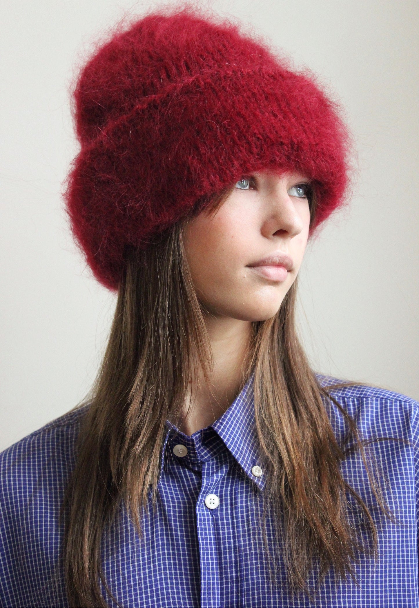 Premium Mohair Beanie Hat in Burgundy