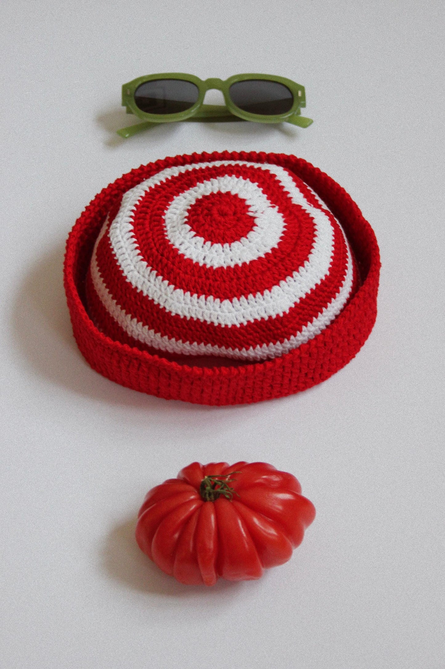 Crochet Premium Cotton Striped Marin Hat in Red & White
