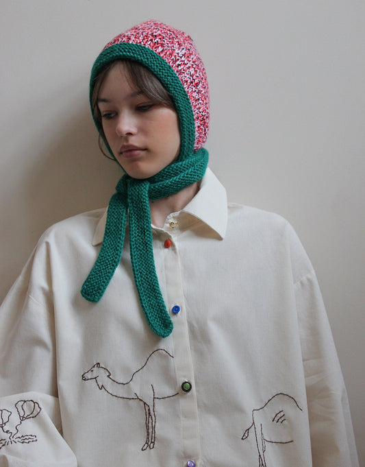 Hand - Knitted Melange Chunky Bow Tie Bonnet Hat in Pink and Emerald Green