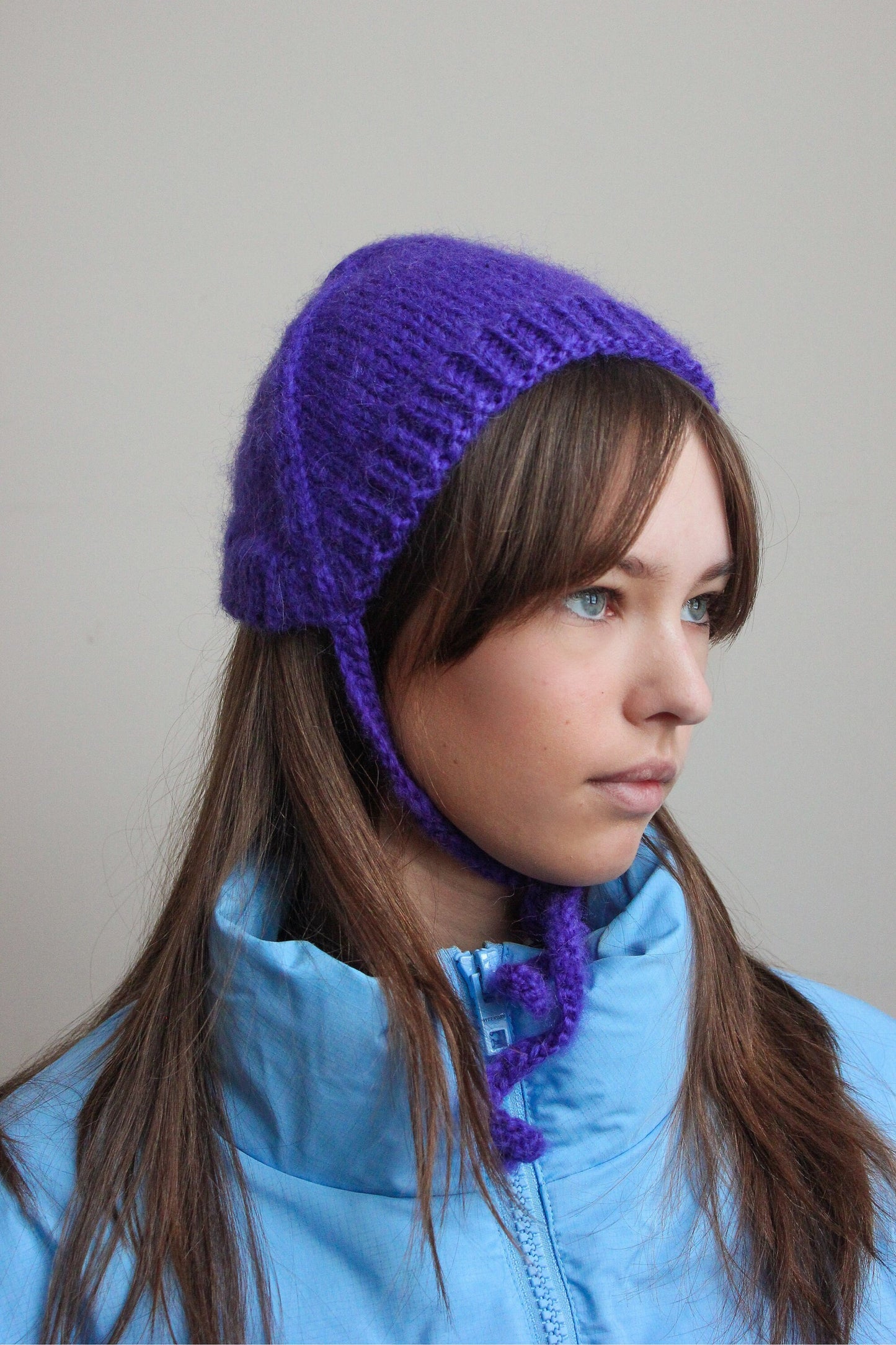 Hand - knitted Adult Bow Tie Mohair Bonnet in Purple