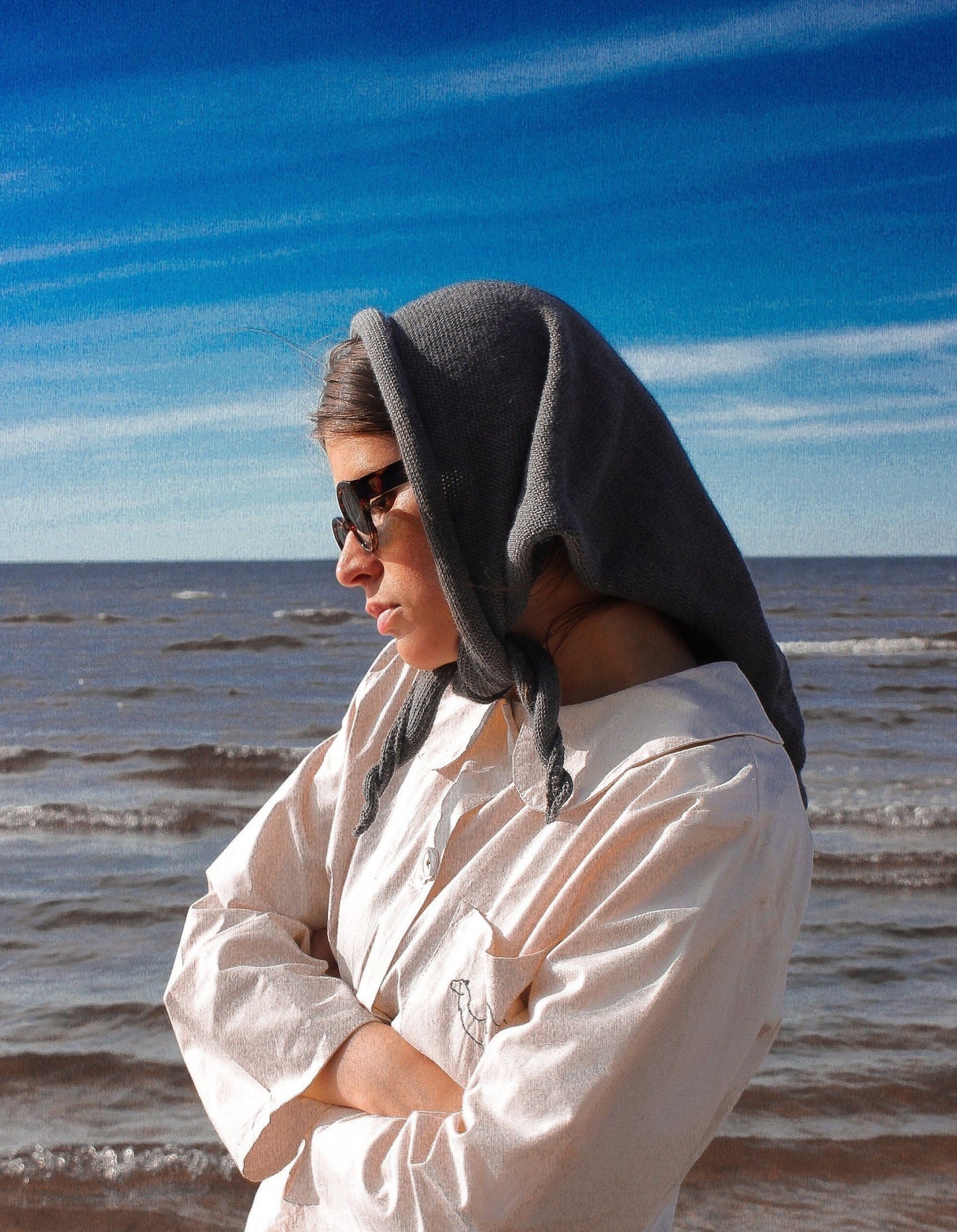 Handcrafted headscarf in Charcoal Grey