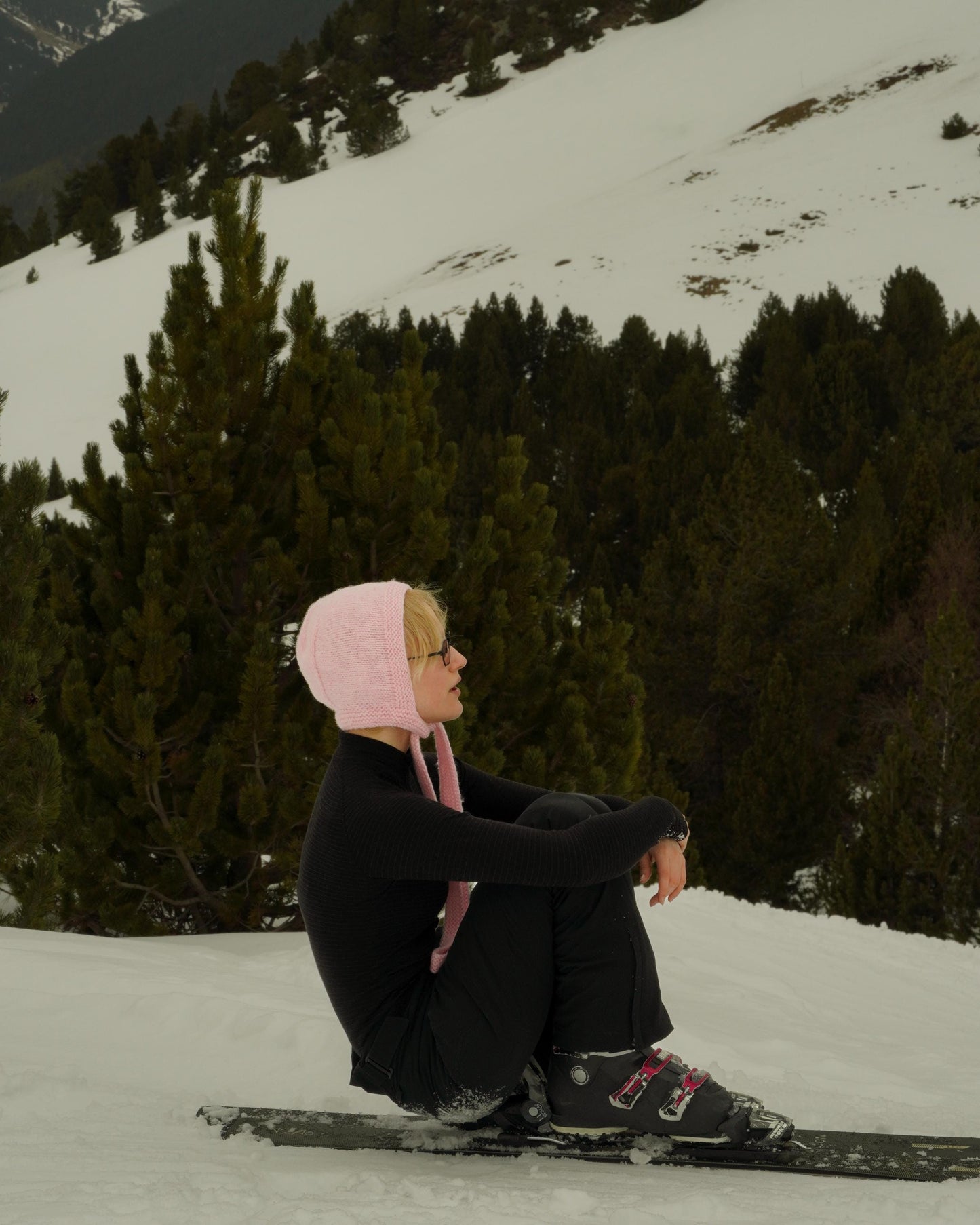 Hand - knitted Adult Bow Tie Mohair Bonnet in Light Pink