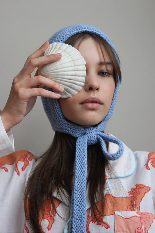 Hand-knitted Adult Bow Tie Bonnet hat in Light Blue