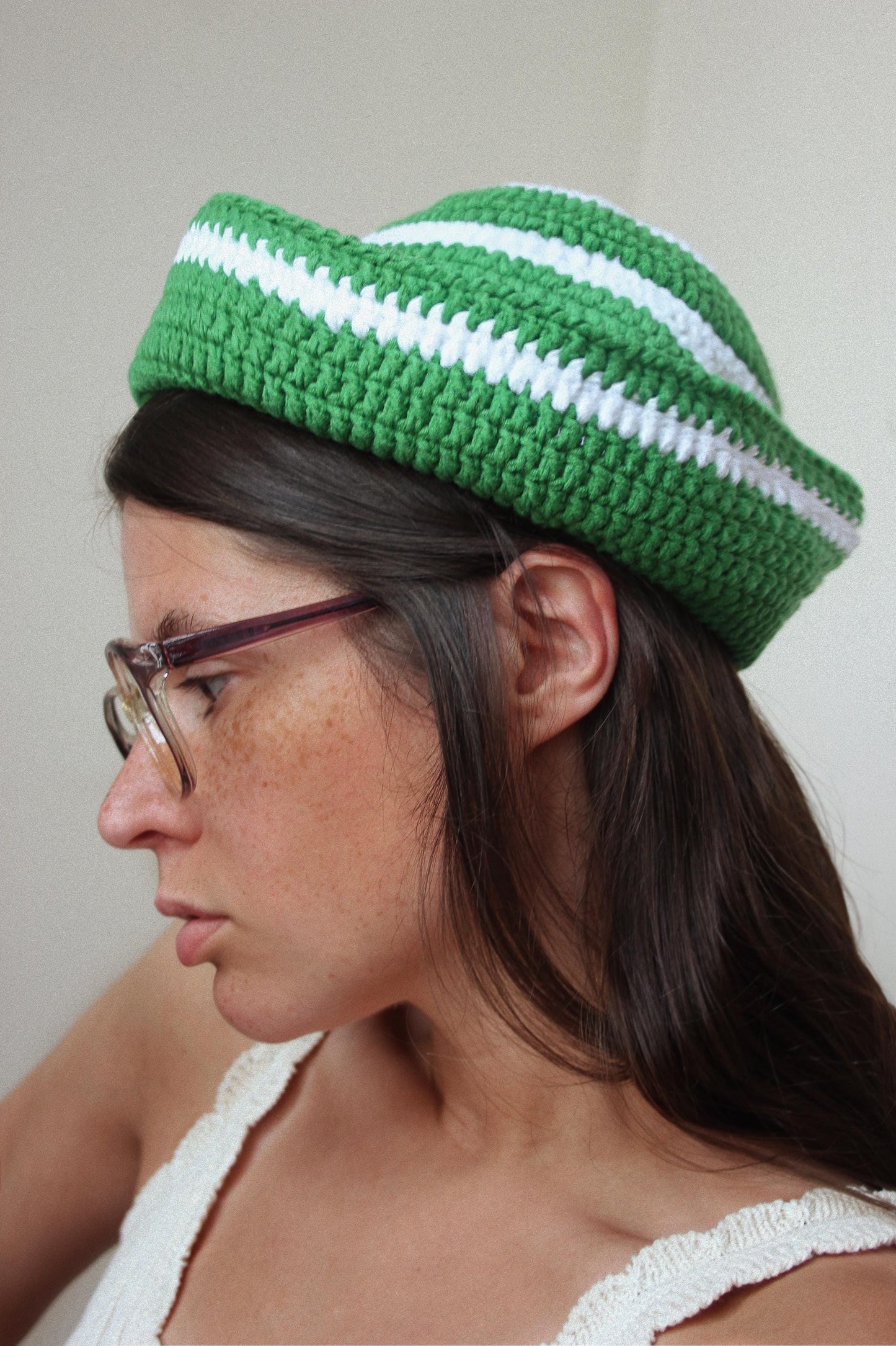 Crochet Premium Cotton Striped Marin Hat in Green & White