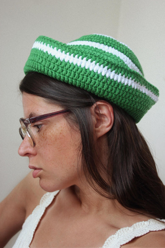 Crochet Premium Cotton Striped Marin Hat in Green & White
