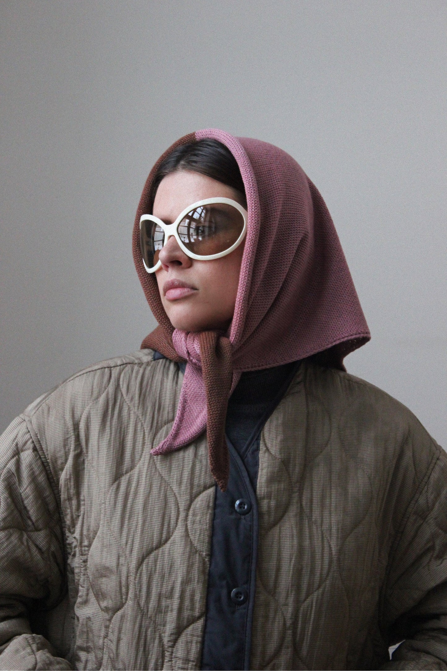 Hand - knitted Bicolour Headscarf in Powder Rose & Brown