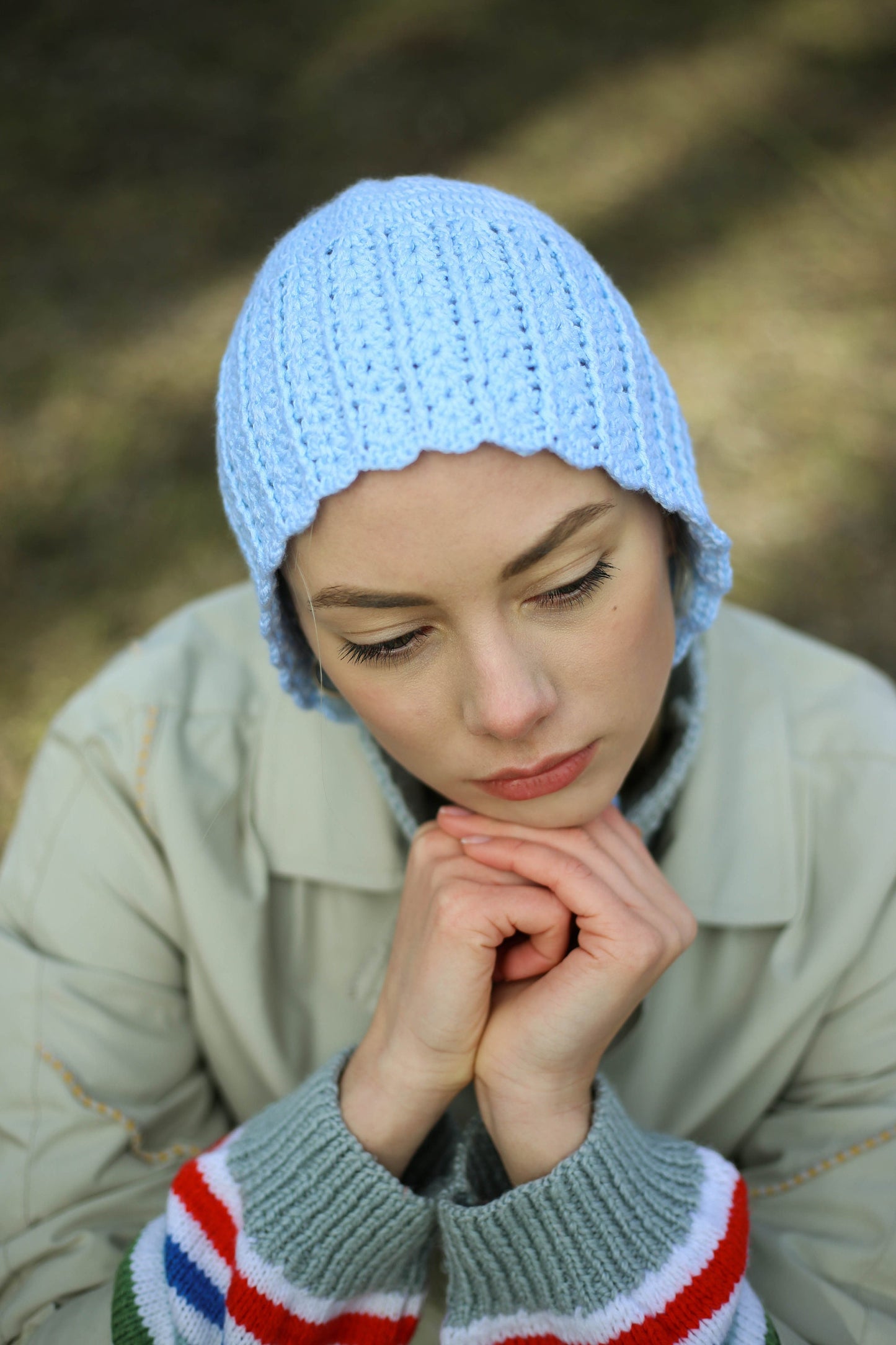 Adult Crochet Bow Tie cotton Bonnet in Light Blue