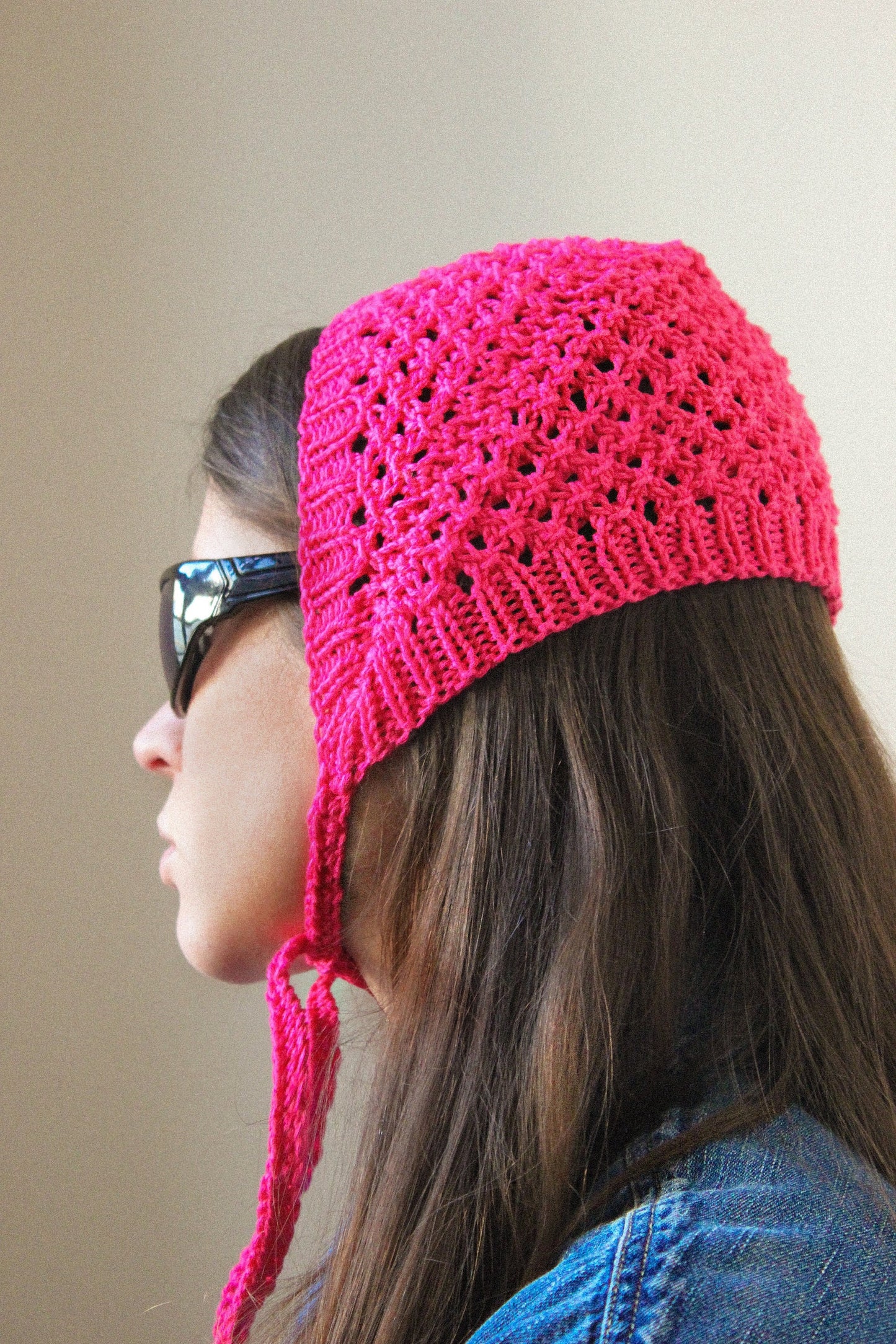Hand - knitted Mesh Bonnet Headband in Pink