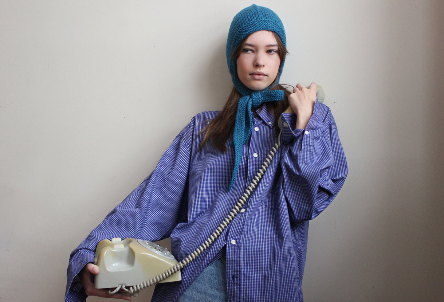 Hand-knitted Adult Bow Tie Bonnet hat in Ocean Blue
