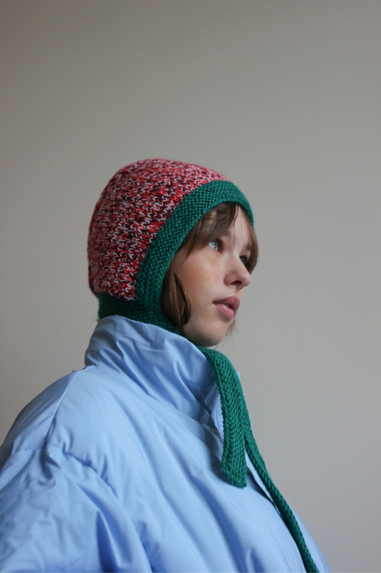 Hand - Knitted Melange Chunky Bow Tie Bonnet Hat in Pink and Emerald Green