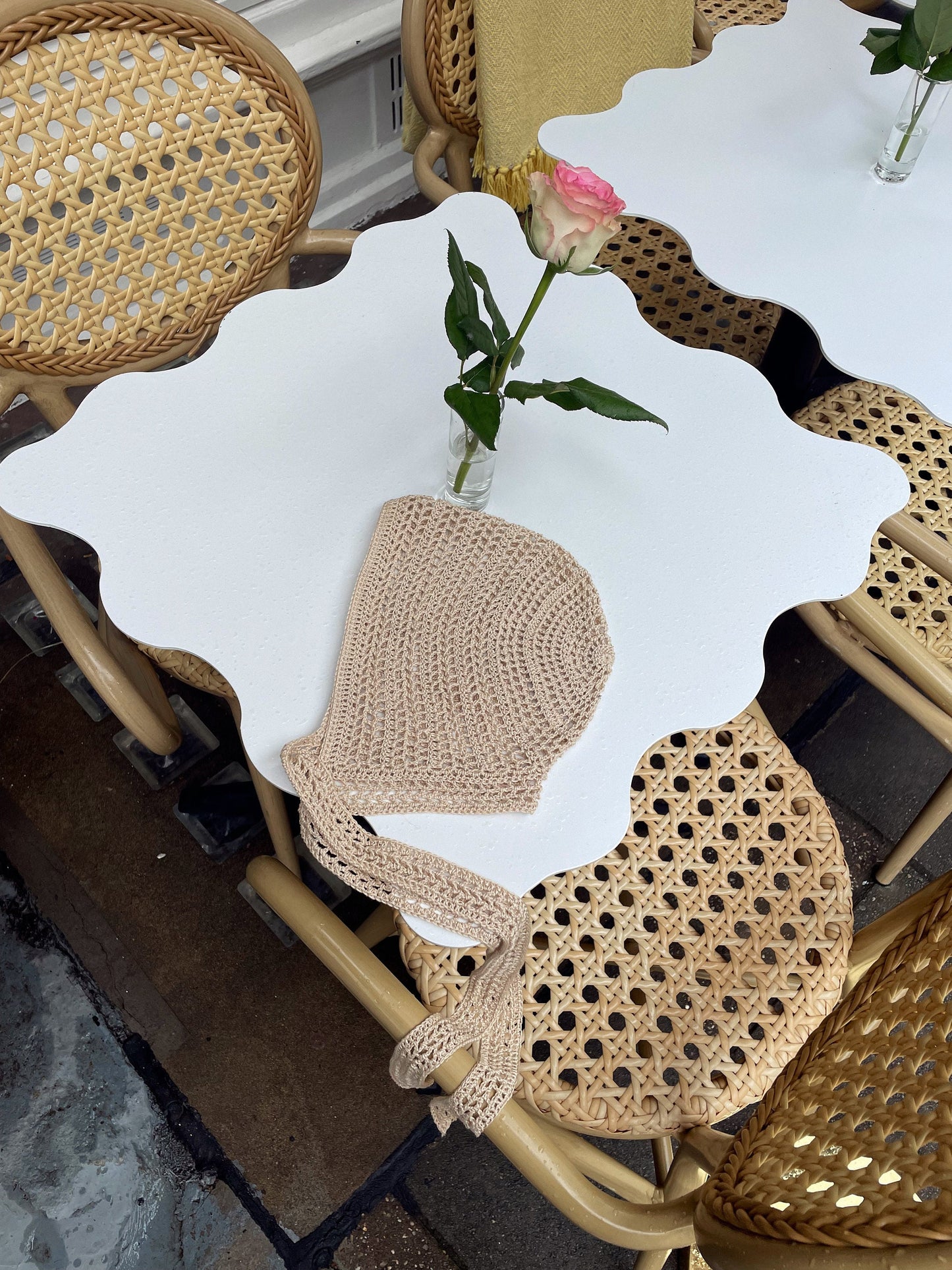 Adult Cotton Mesh Crochet Bow Tie Bonnet in Beige