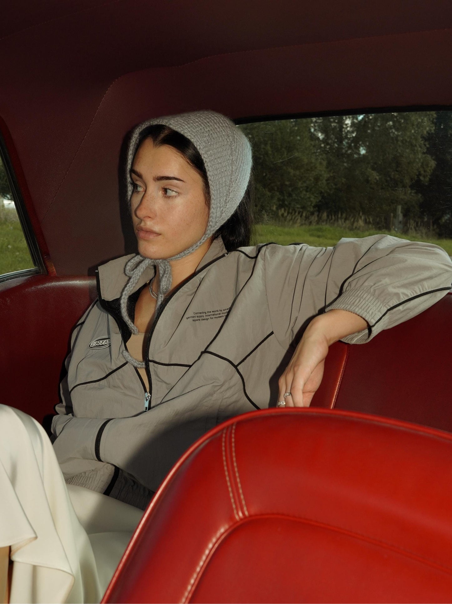 Hand - knitted Mohair Adult Bow Tie Bonnet in Gray