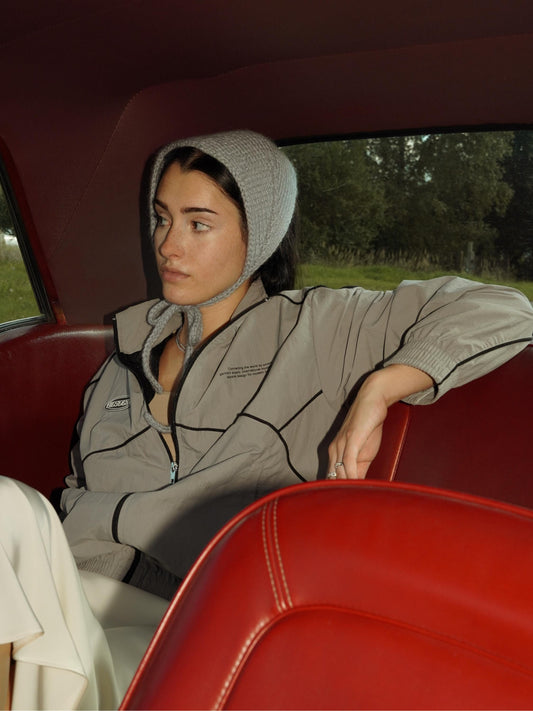 Hand - knitted Mohair Adult Bow Tie Bonnet in Gray