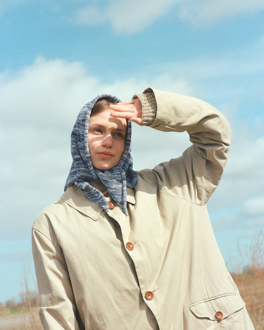 Hand - knitted Melange Headscarf in Navy & Baby blue