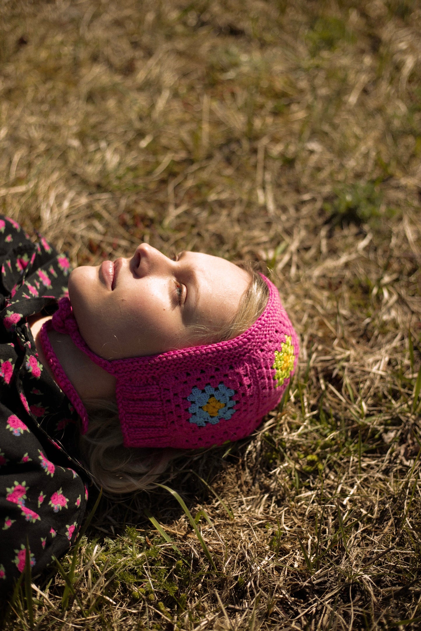 Patchwork Granny Square Adult Crochet Bow Tie Bonnet in Pink