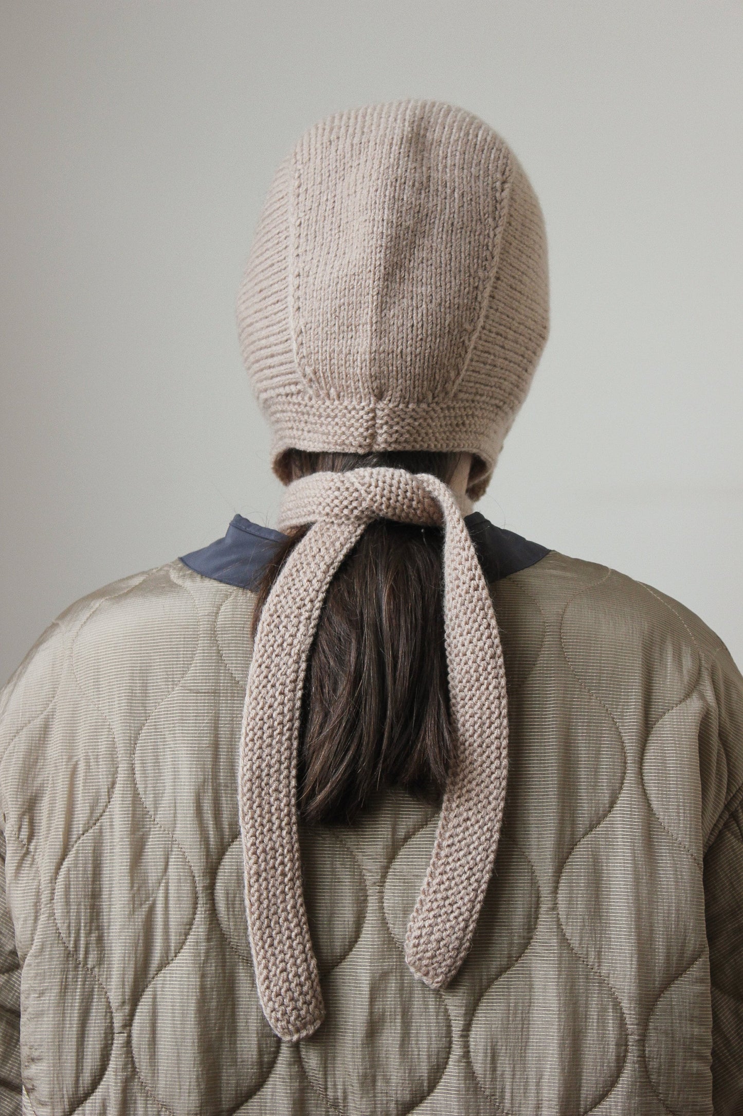 Hand-knitted Adult Bow Long Tie Bonnet hat in beige