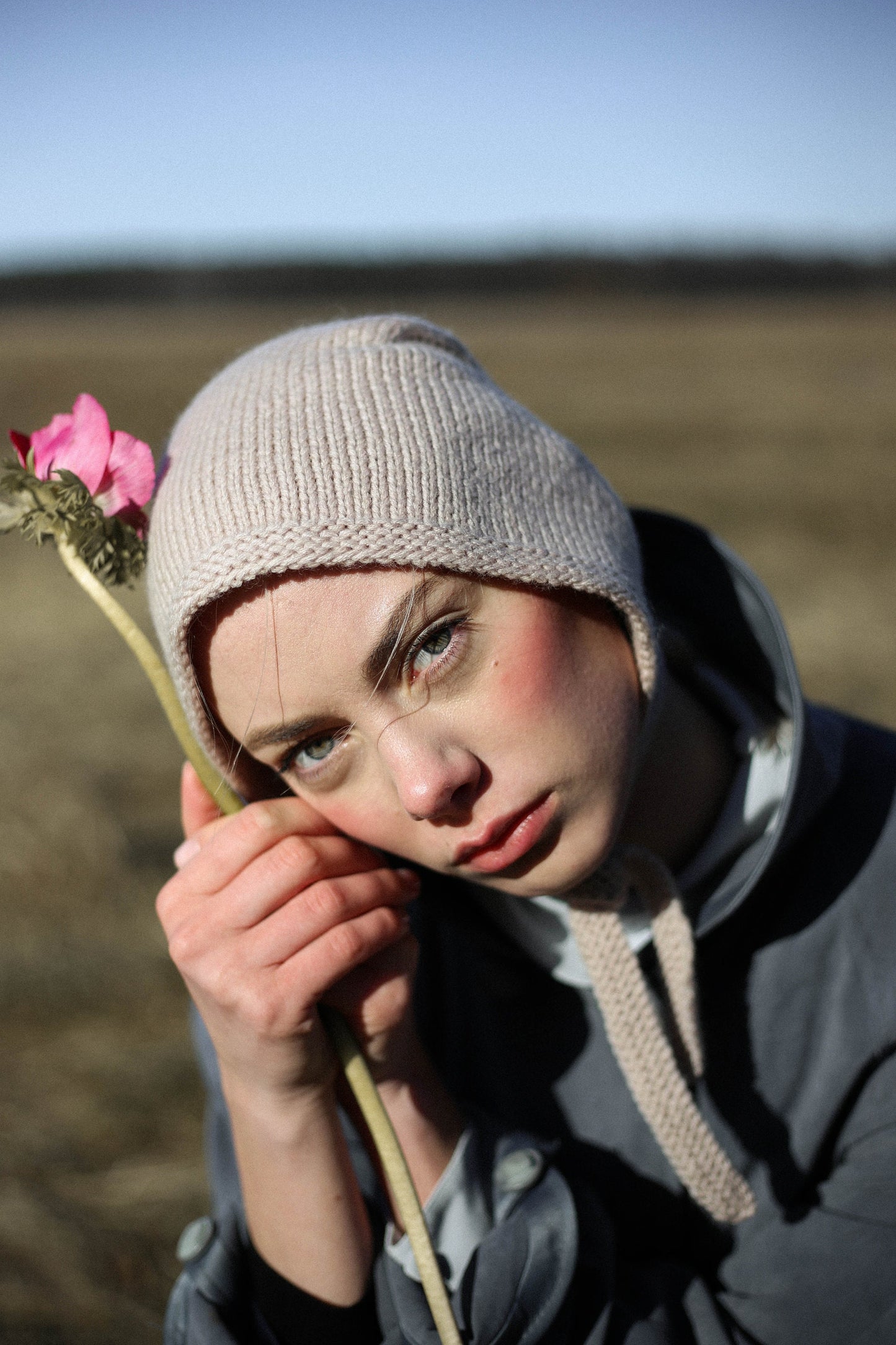 Hand-knitted Adult Bow Tie Bonnet hat in Beige