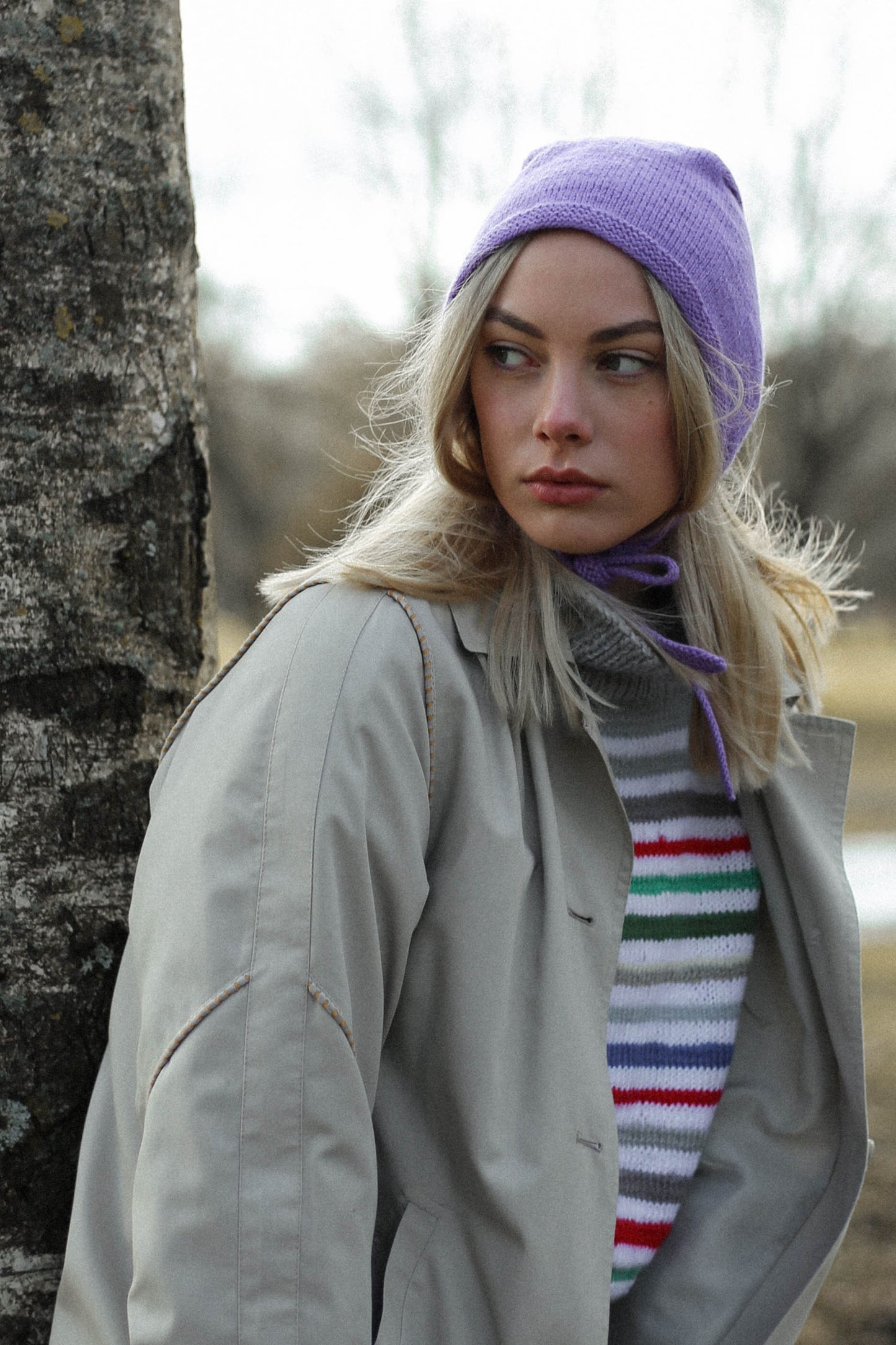 Hand-knitted Adult Bow Tie Bonnet hat in lilac