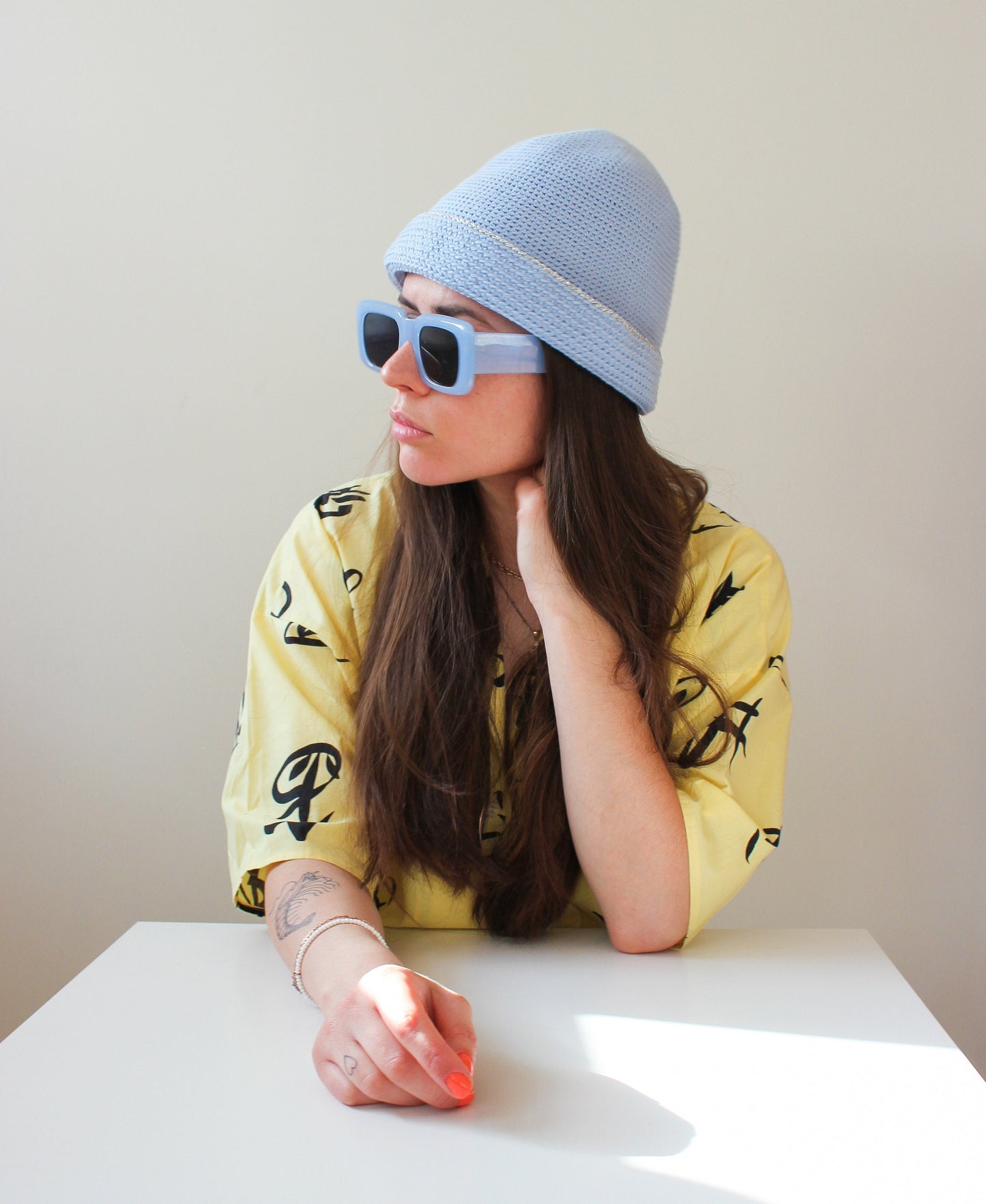 Hand knitted crochet bucket hat in sky blue