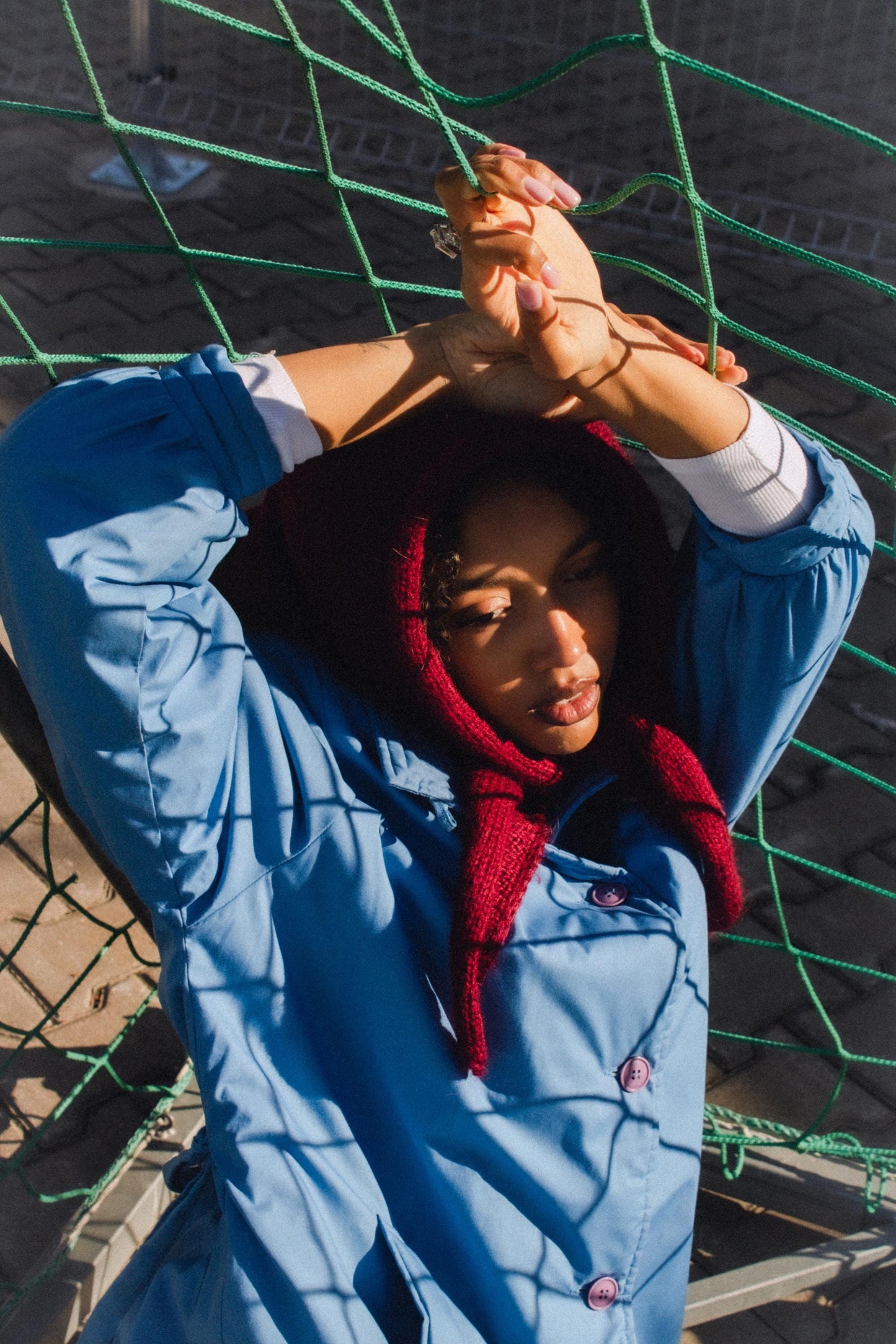 Hand - knitted Mohair Headscarf in Burgundy