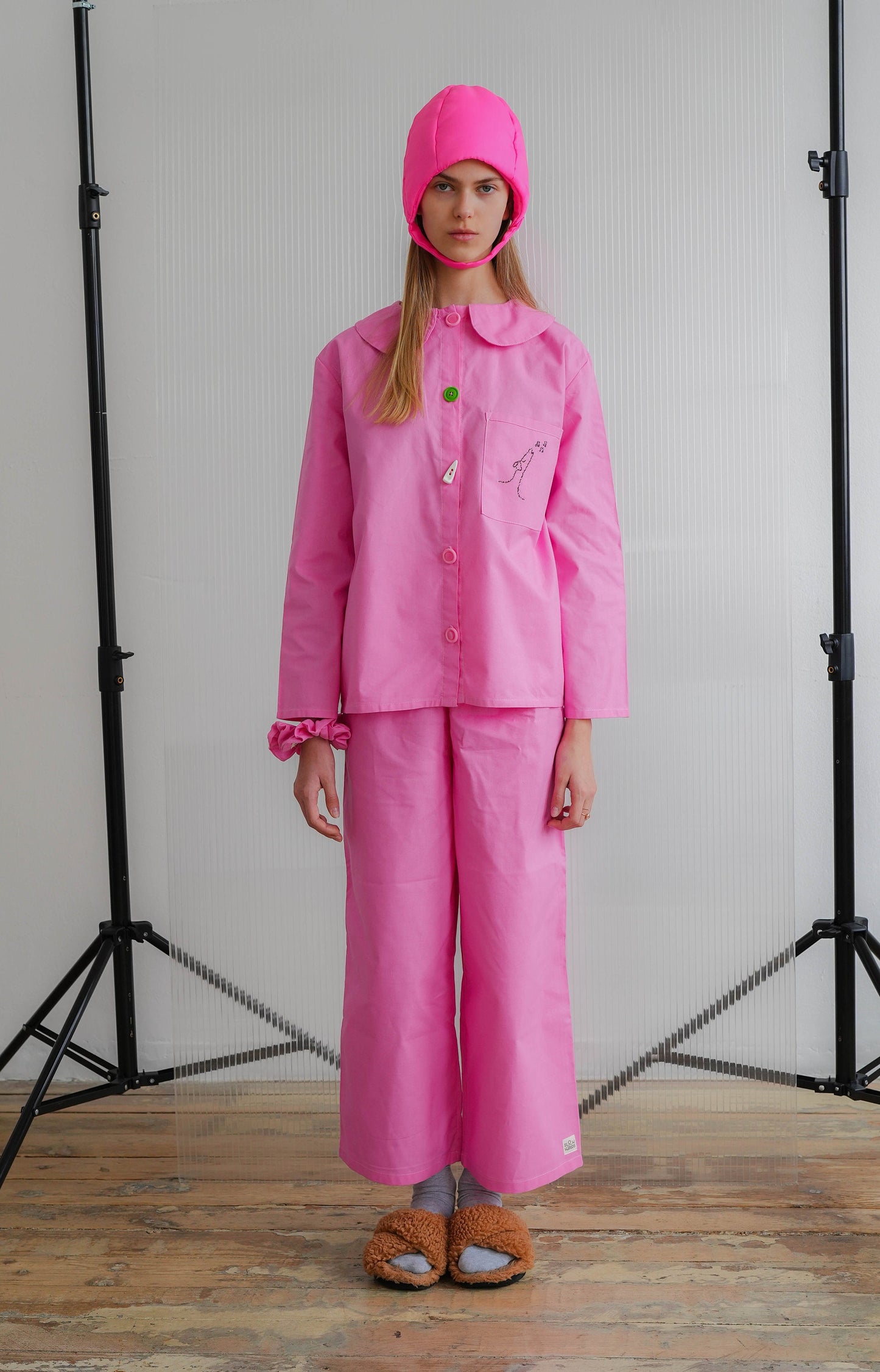 Pillow Puffer Quilted Aviator Helmet Cap Bonnet on a button in Hot Pink