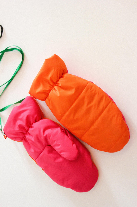 Bicolor Pillow Puffer Mittens on Strings in Orange & Hot Pink