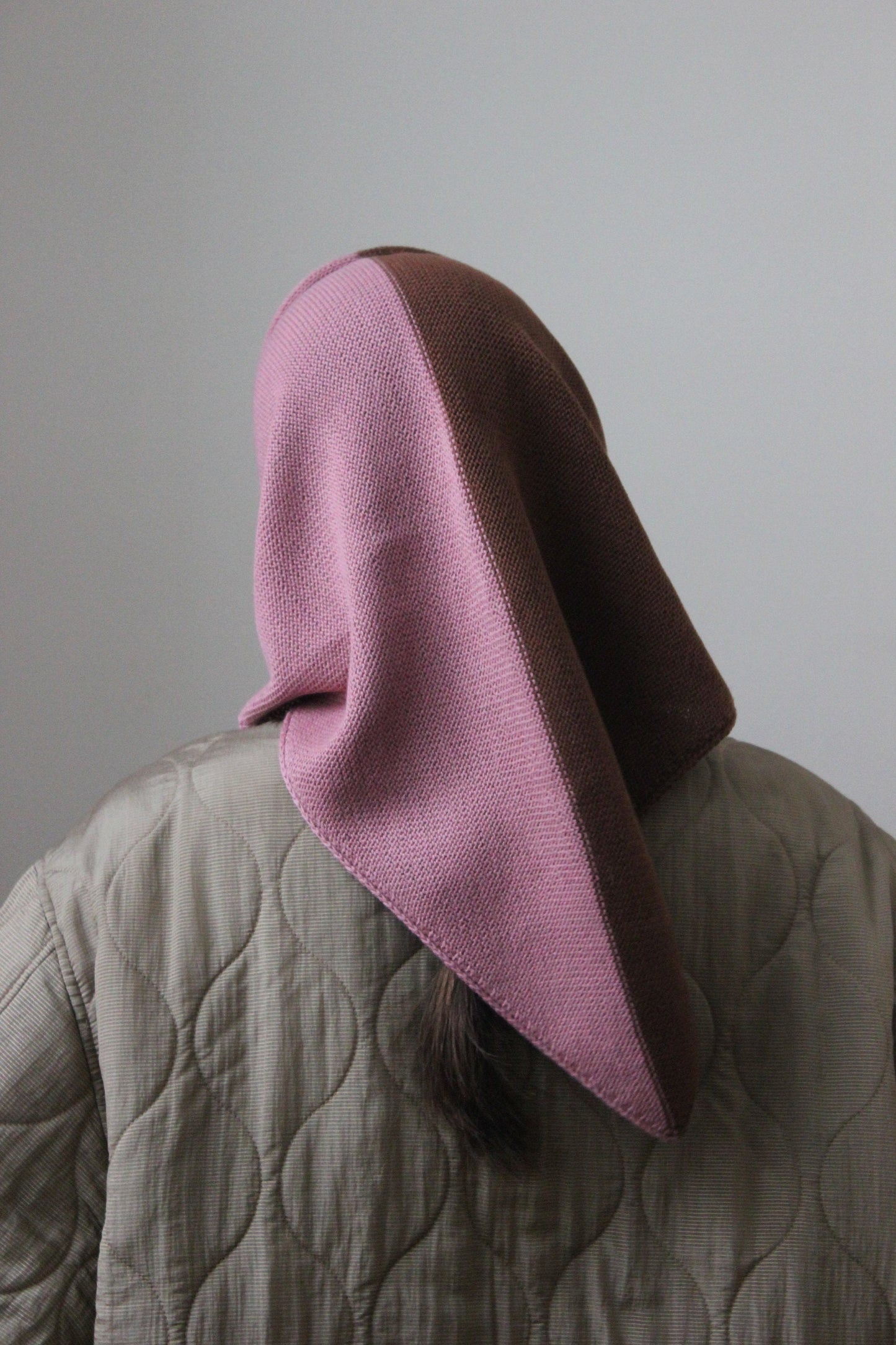 Hand - knitted Bicolour Headscarf in Powder Rose & Brown