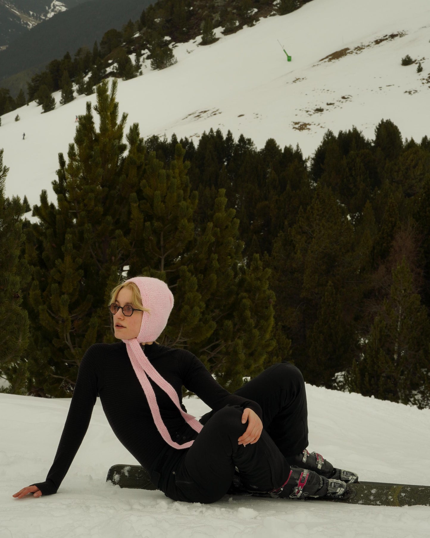 Hand - knitted Adult Bow Tie Mohair Bonnet in Light Pink