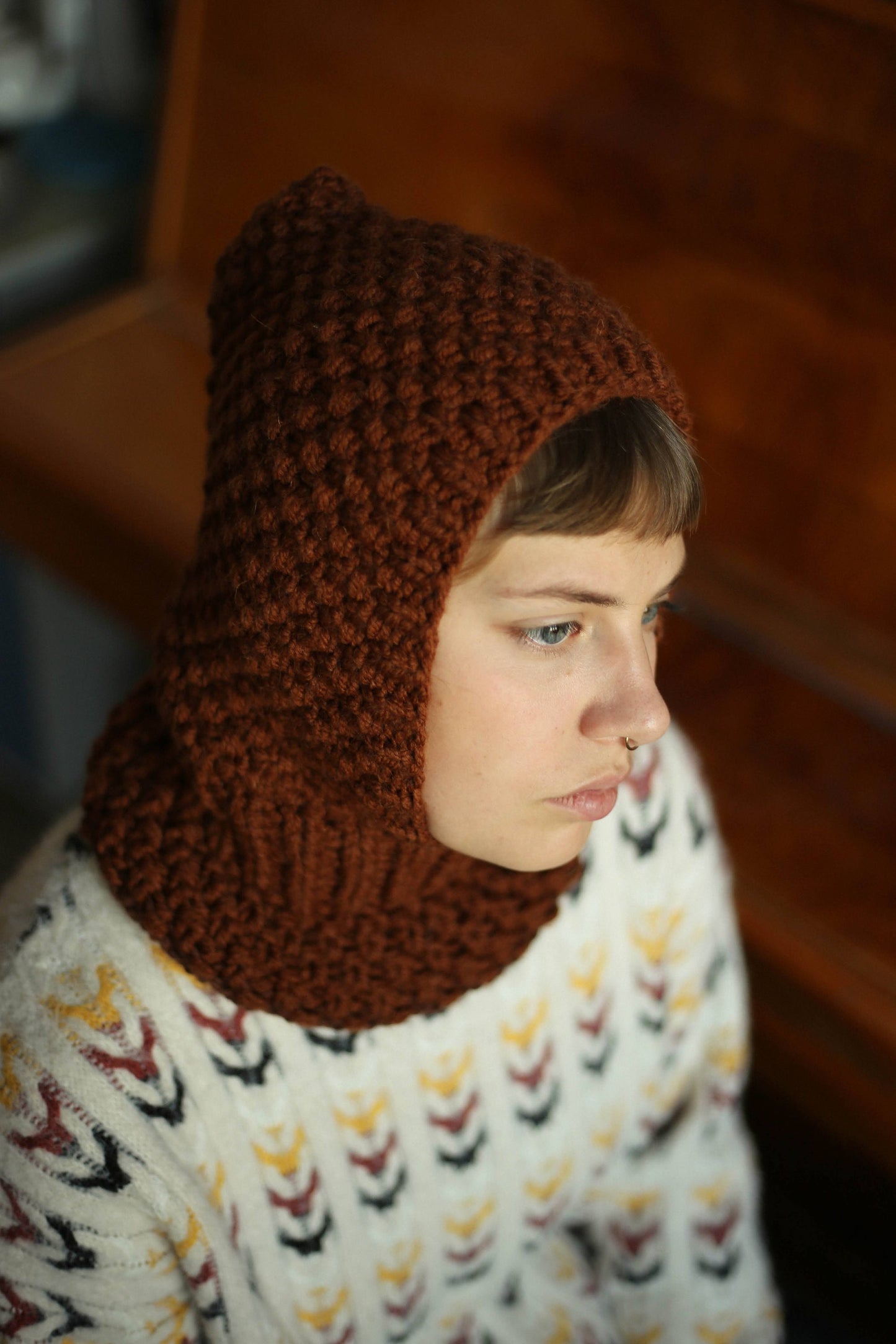 Balaclava Woolen hat in teddy brown ,mango socky balaclava knit beanie,knit helmet,knit hat,crochet balaclava, knitted hood