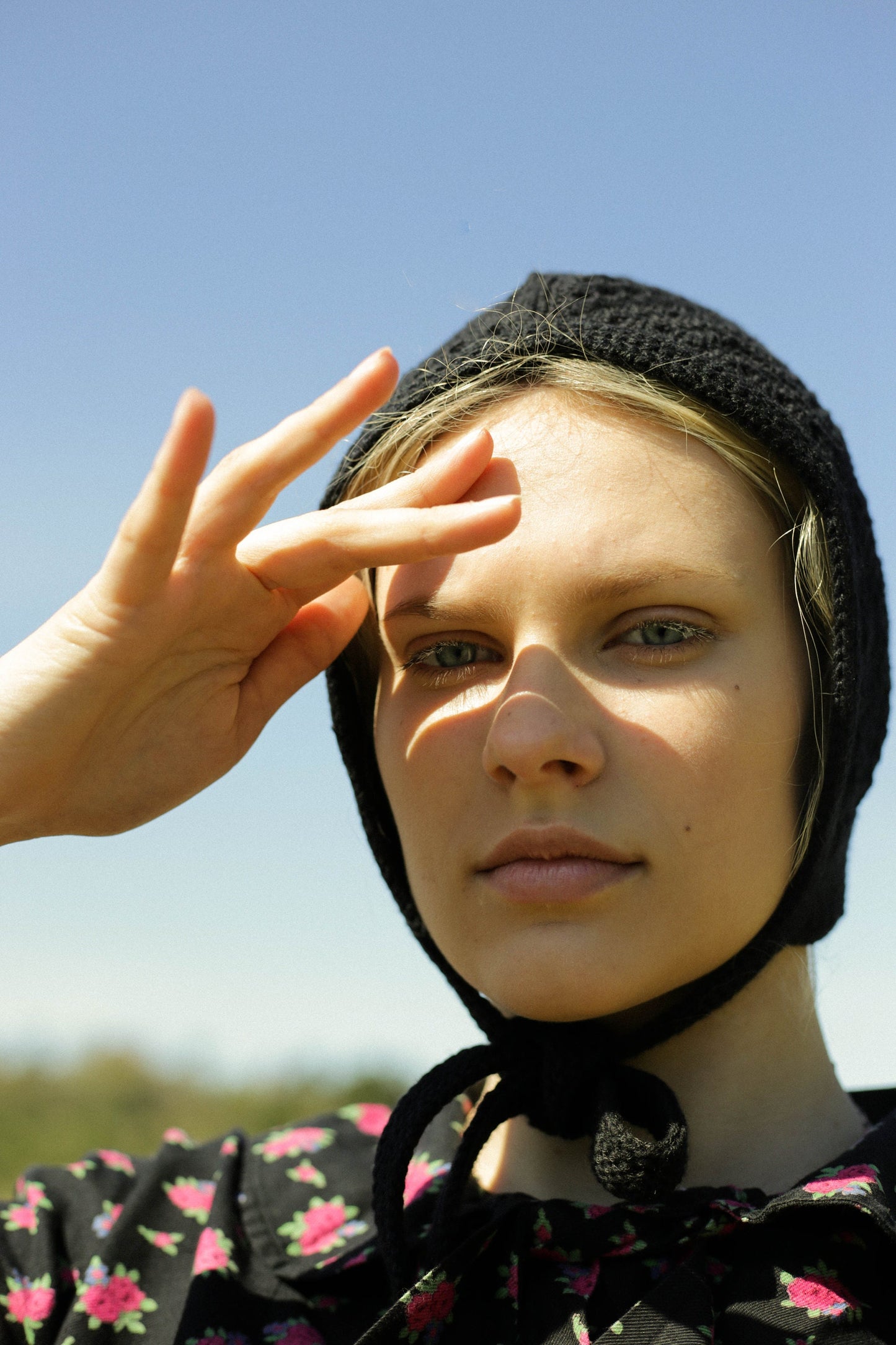 Patchwork Granny Square Adult Crochet Bow Tie Bonnet in Black