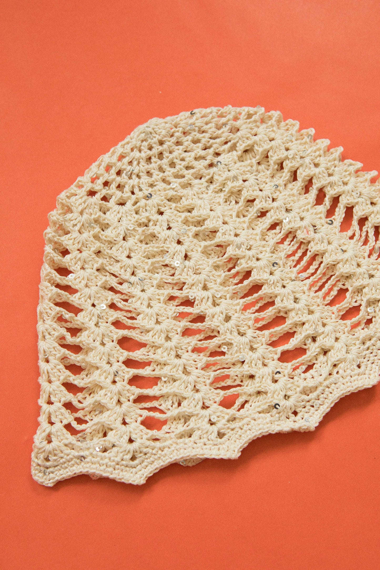 Crochet Premium Cotton Mesh Knitted Hat in Ivory with sequins , skull hat,retro hat,crochet hat,summer hat,crochet beanie