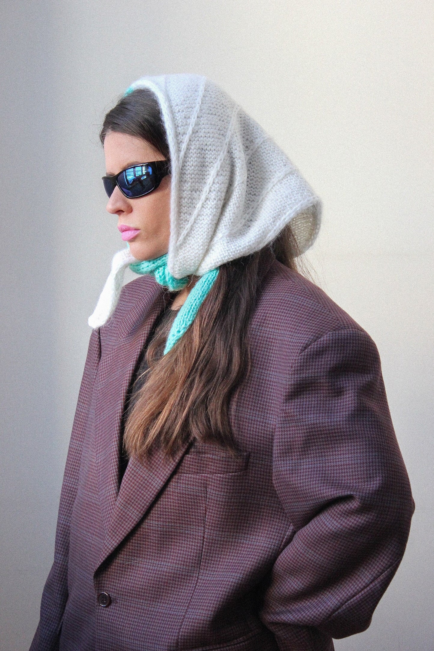 Hand - knitted Bicolour Mohair Headscarf in Azure & White