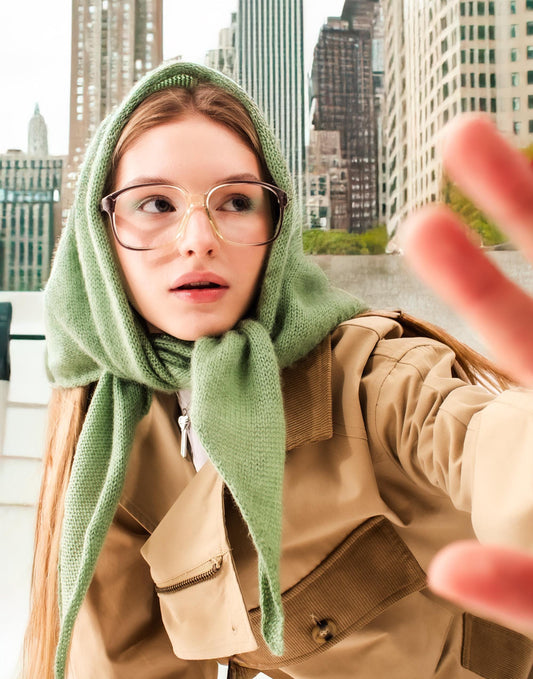 Hand - knitted Mohair Headscarf in Khaki Green