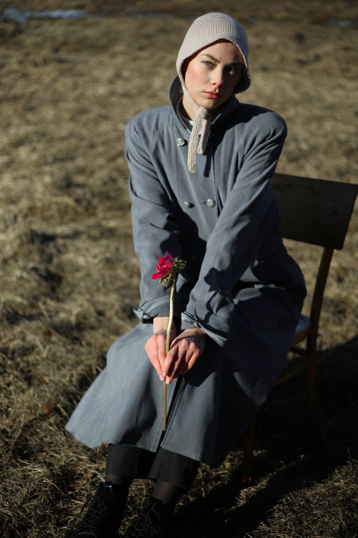 Hand-knitted Adult Bow Tie Bonnet hat in cream beige