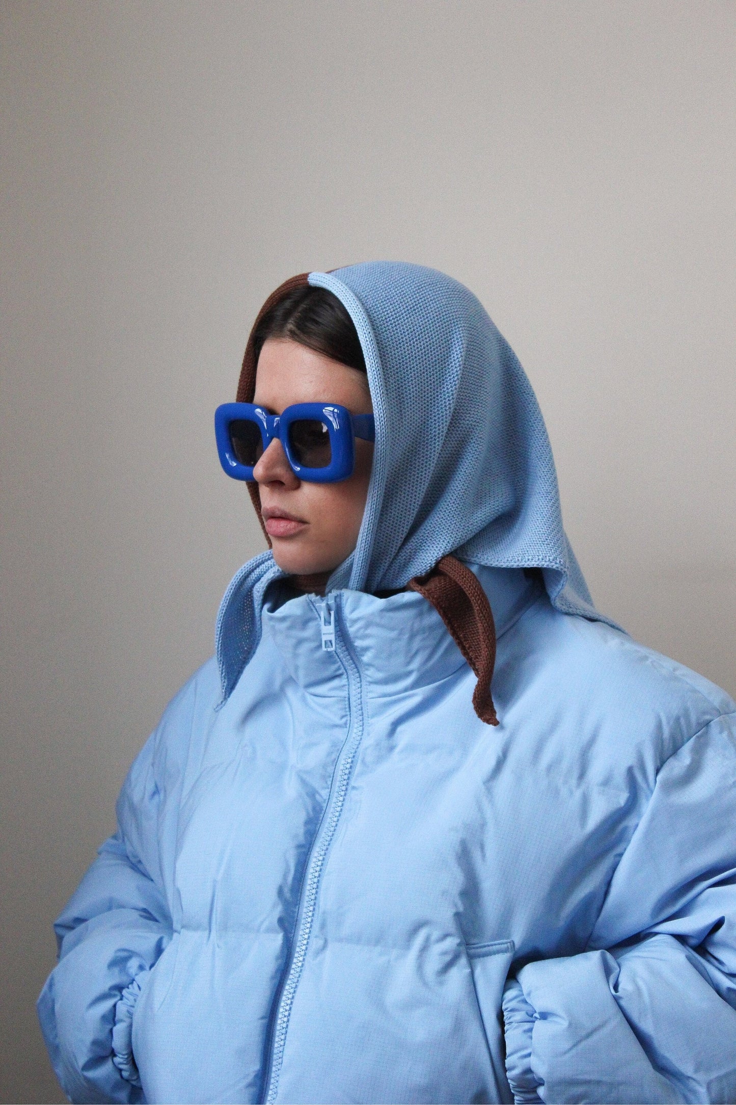 Hand - knitted Bicolour Headscarf in Baby blue & Brown