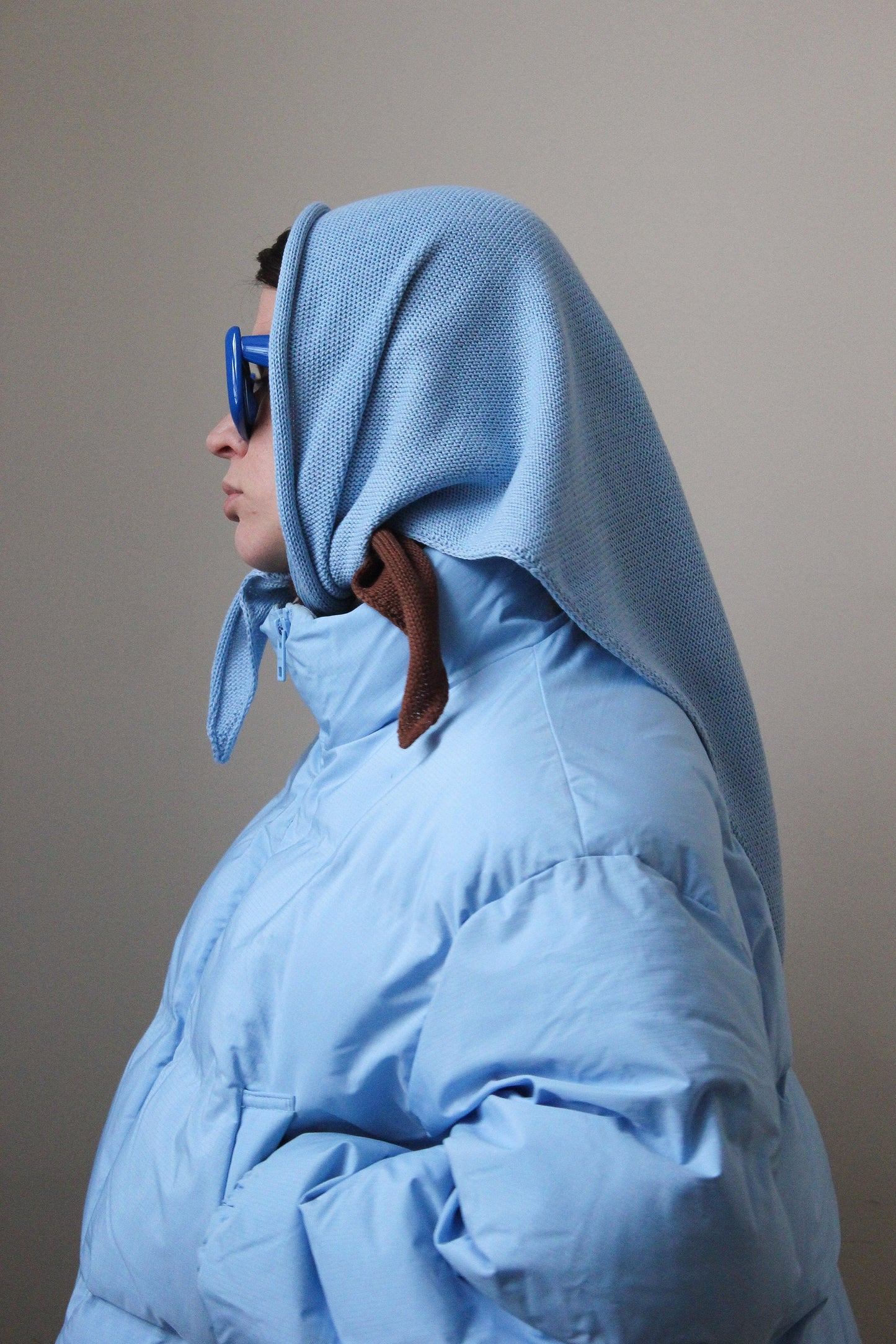 Hand - knitted Bicolour Headscarf in Baby blue & Brown