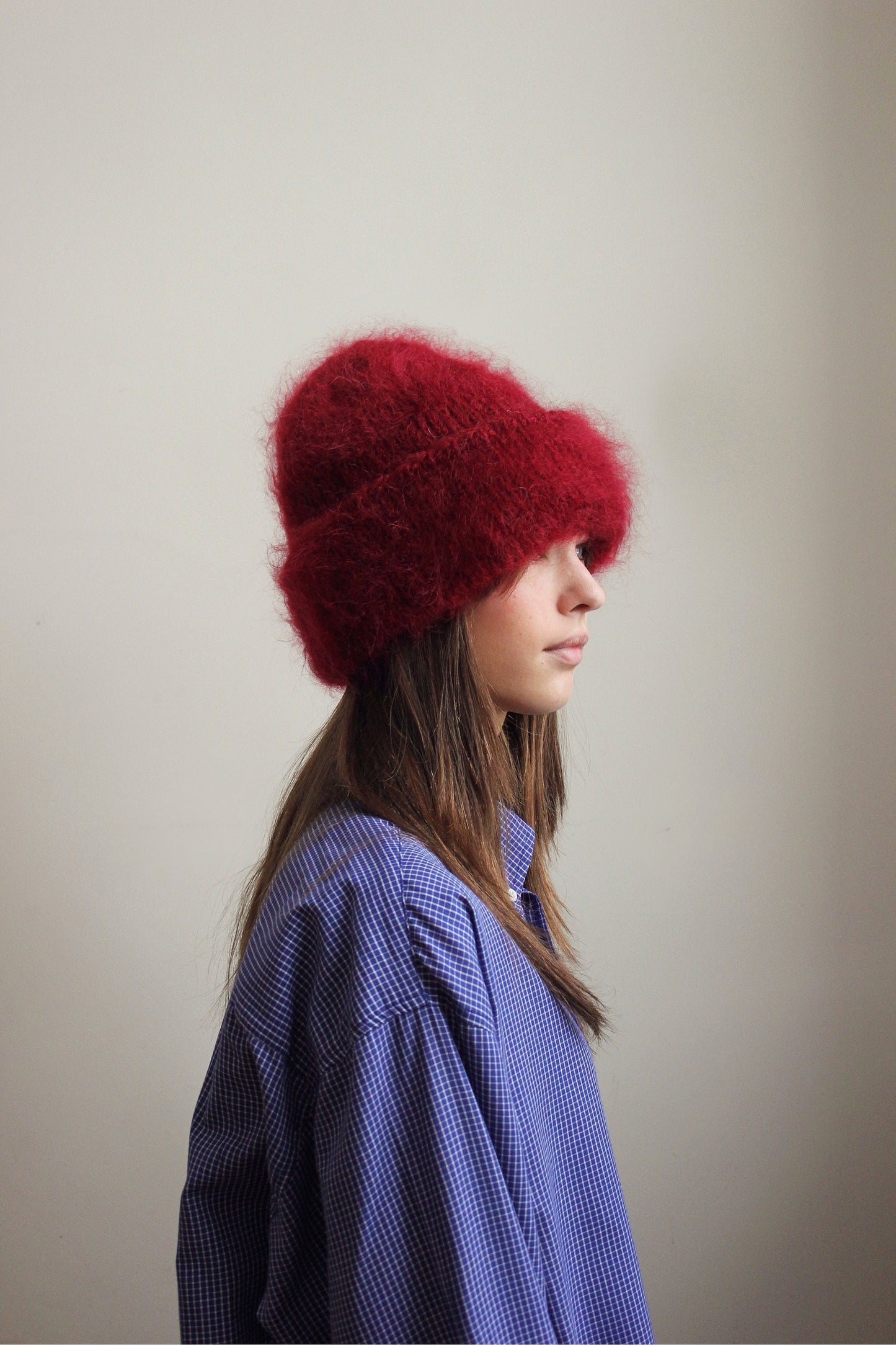 Premium Mohair Beanie Hat in Burgundy