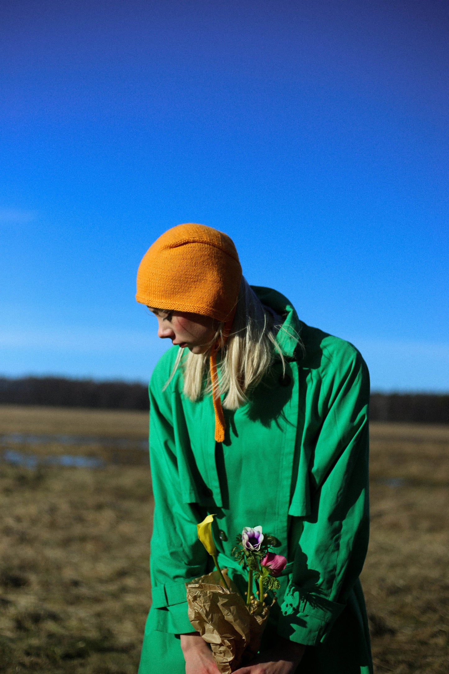 Hand-knitted Adult Bow Tie Bonnet hat in mandarin orange