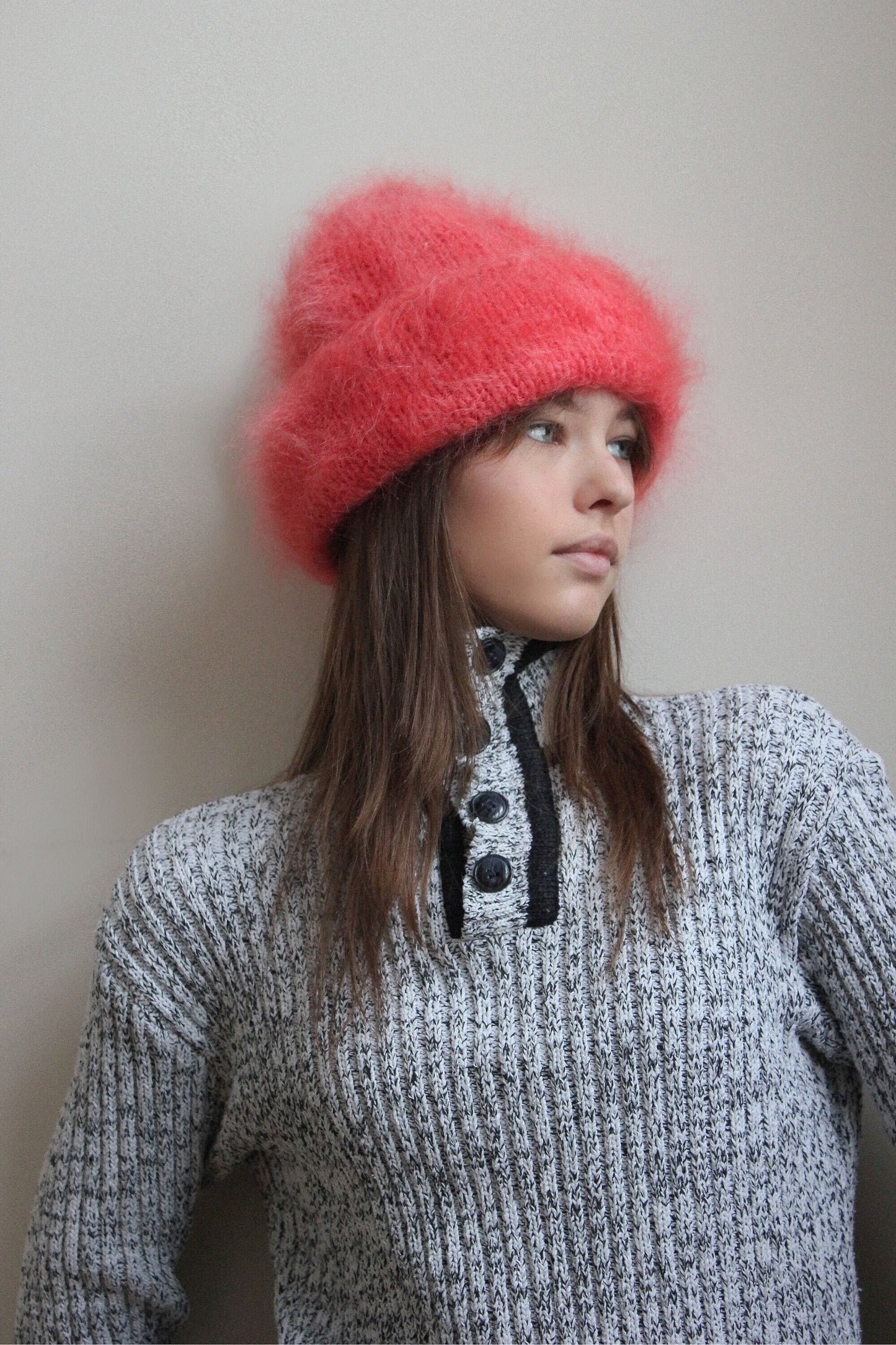 Premium Mohair Beanie Hat in Сoral Pink