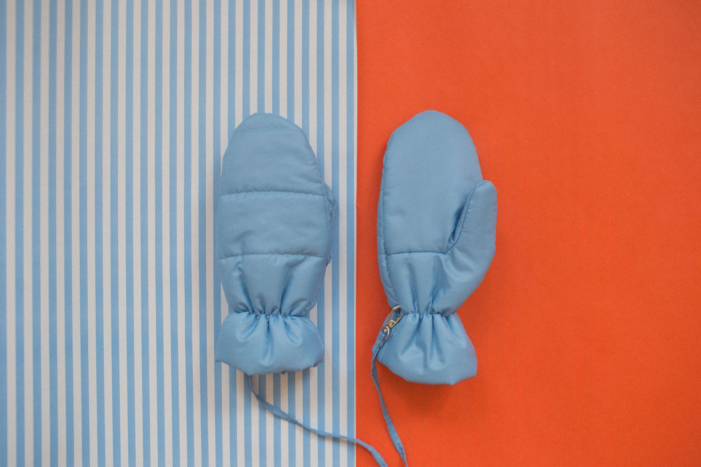 Puffer Mittens on Strings in Baby Blue