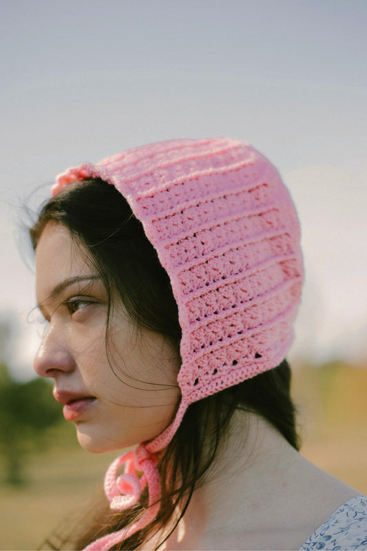 Adult Cotton Crochet Bow Tie Bonnet in Pink