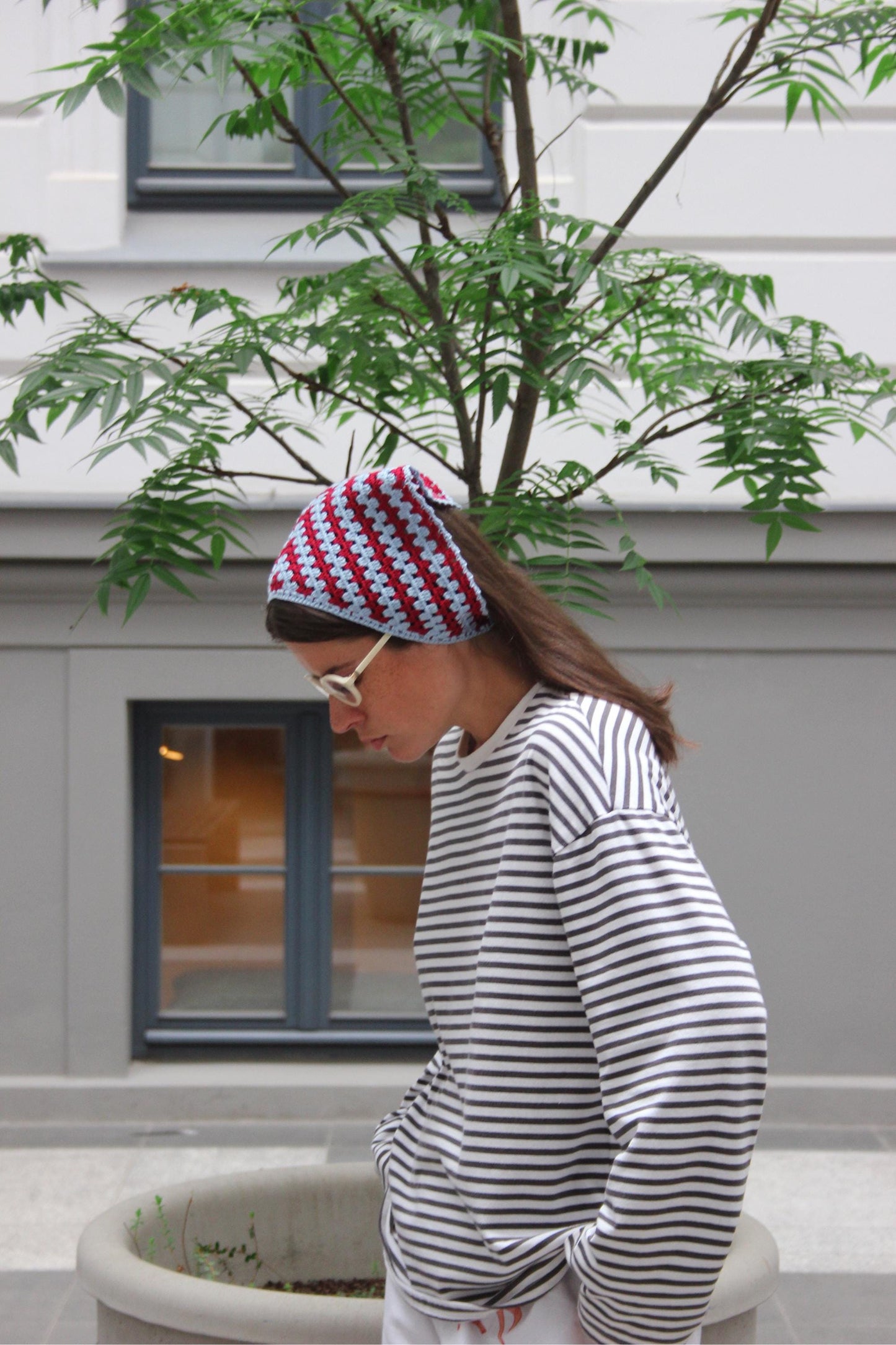 Crochet Premium Cotton Mesh Headscarf in Burgundy & Baby Blue