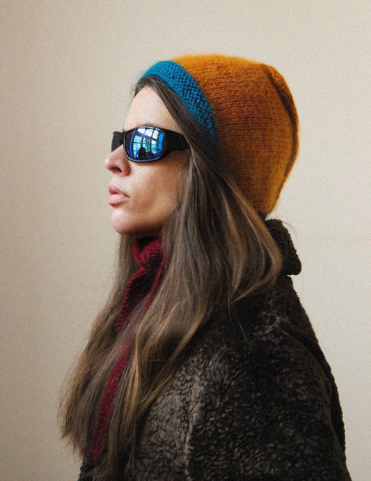 Hand-knitted Adult Bow Tie Bonnet hat in dull multicolor