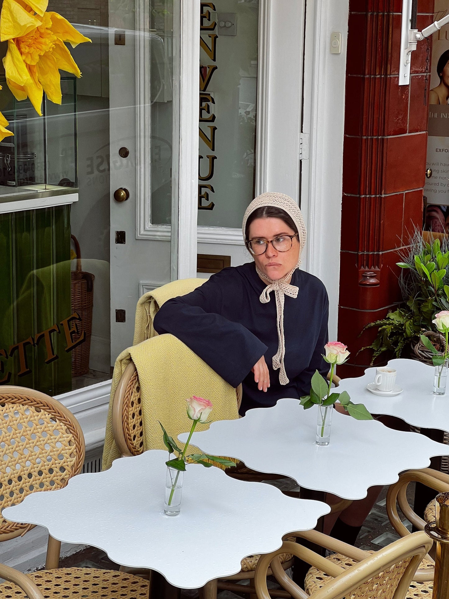 Adult Cotton Mesh Crochet Bow Tie Bonnet in Beige