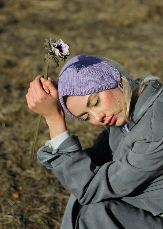 Hand - knitted Adult Bow Tie Bonnet in powder Lilac