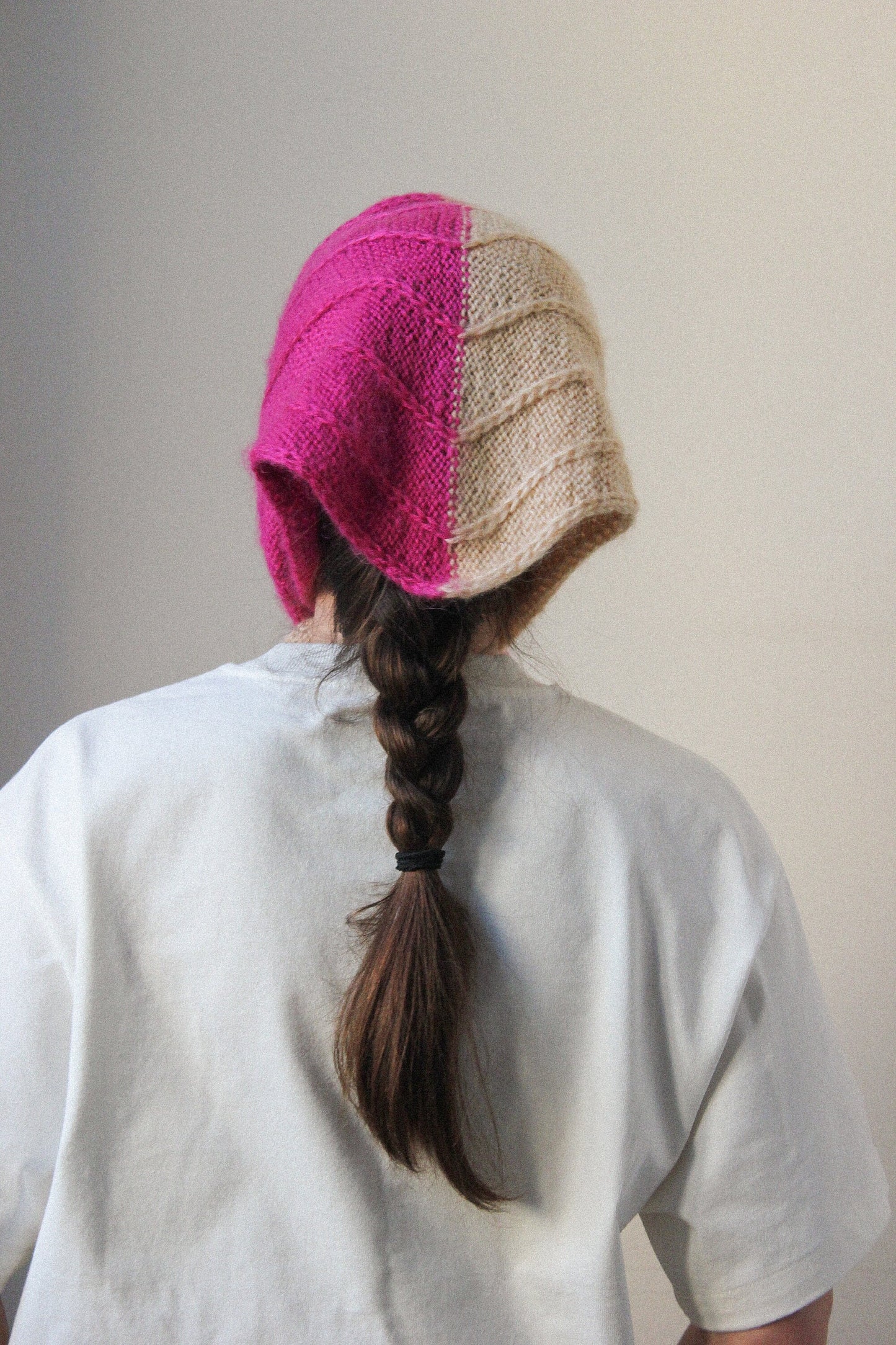 Hand - knitted Mohair Bicolour Headscarf in Crimson & Cream Beige