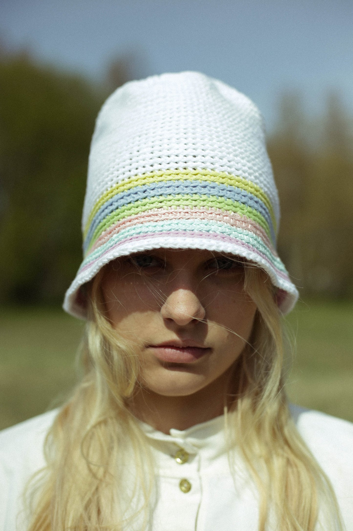Hand-knitted crochet light multi colored bucket hat