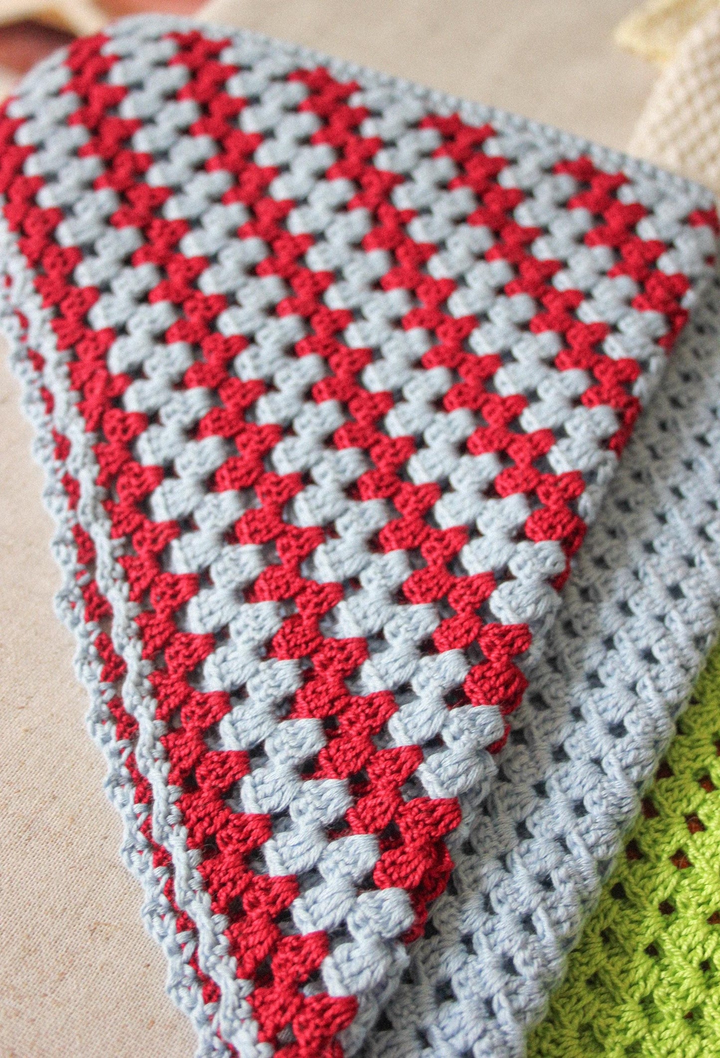 Crochet Premium Cotton Mesh Headscarf in Burgundy & Baby Blue