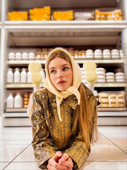 Hand - knitted Spring Headscarf in Buttermilk Yellow